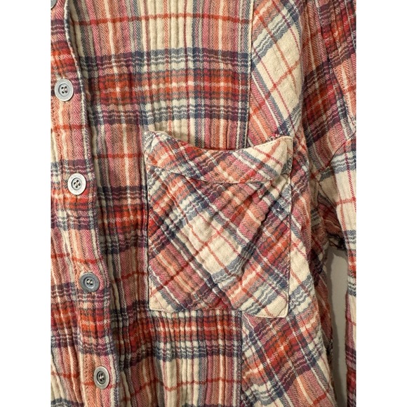 FREE PEOPLE Shirt small Juniper Ridge Raw Hem Gauzy Plaid Oversized Button Up - Picture 6 of 11